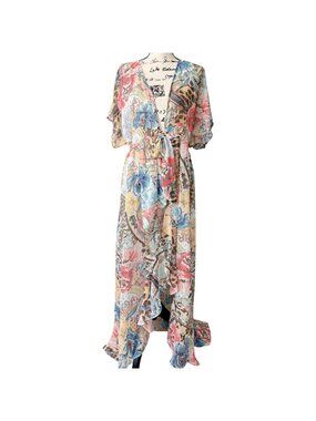 Venus Womens Size L Cover-Up Maxi Dress Sheer Floral With Tie Waist Flowy NEW